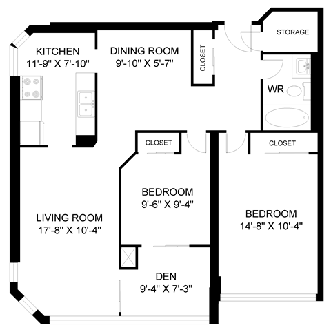 Floor plan for 2 beds, 1 bath, 977 sqft